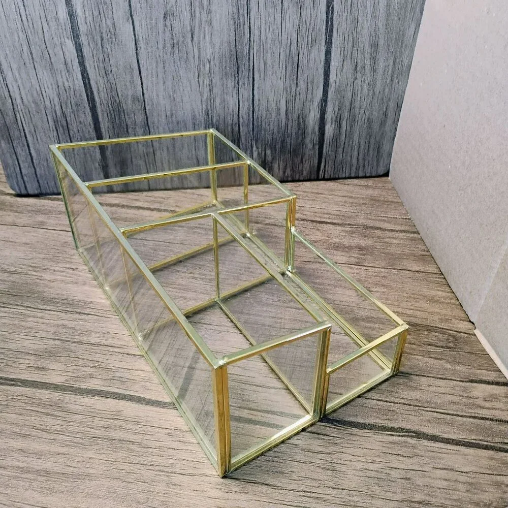 Glass & Brass Tone Vanity Organizer for Makeup, Desk, Bathroom Storage